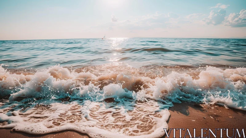 Sunlit Seascape with Sailboat and Crashing Waves AI Image