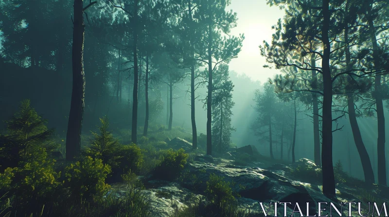 Tranquil Forest Landscape with Sunlight Filtering Through Trees AI Image