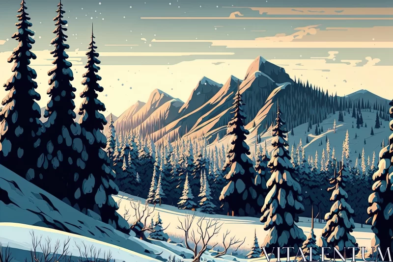 Winter Scene with Pine Trees and Mountains in Detailed Comic Book Art Style AI Image