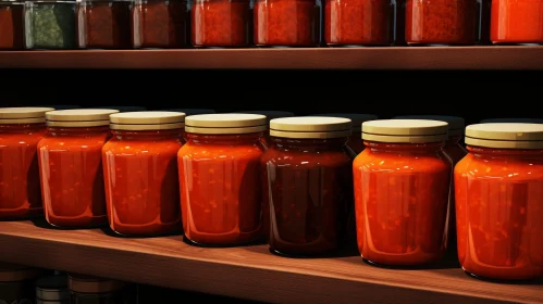 Wooden Shelf with Rows of Red Sauce Jars