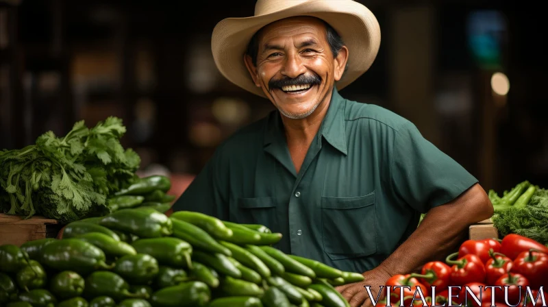 Cheerful Mexican Man in Market with Vegetables AI Image