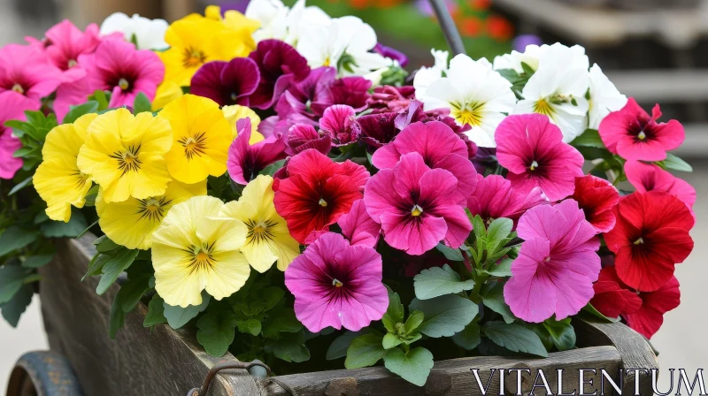 Colorful Pansy Flowers in Wooden Box AI Image