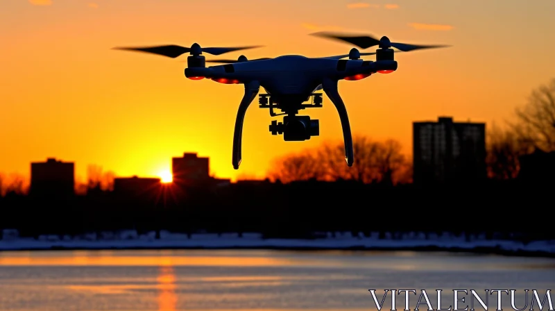 Drone Silhouette Flying Over Frozen Lake at Sunset AI Image