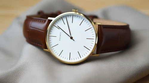 Elegant Wristwatch with Gold Case and Leather Strap