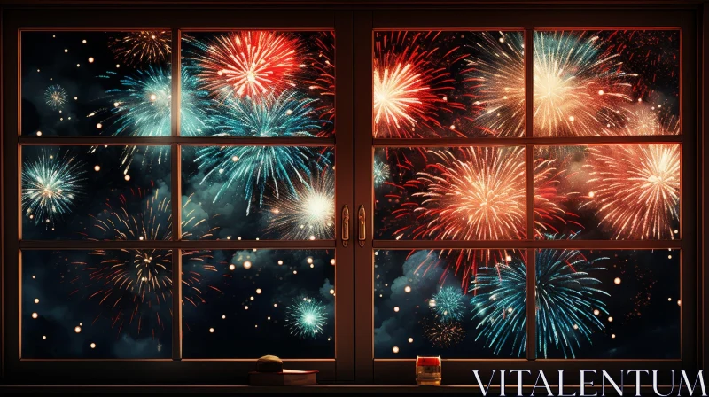Enchanting Night Sky Fireworks View Through Window AI Image