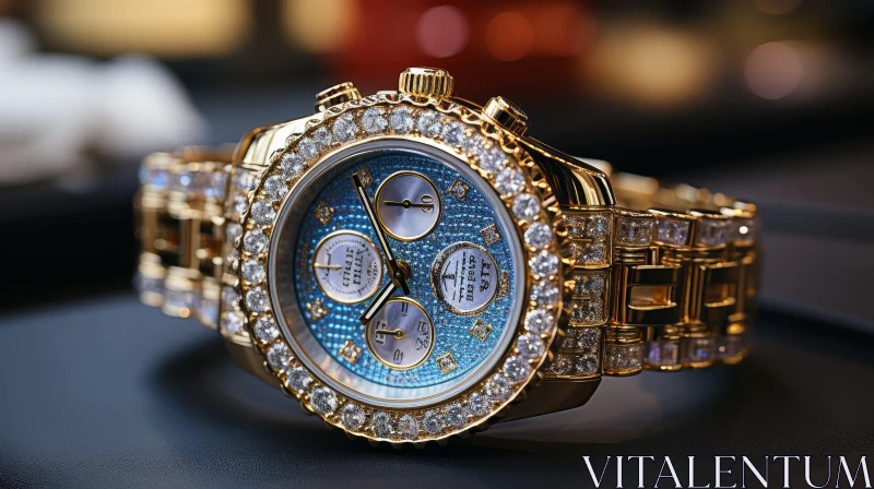 Luxurious Gold and Diamond Wristwatch with Blue Face AI Image