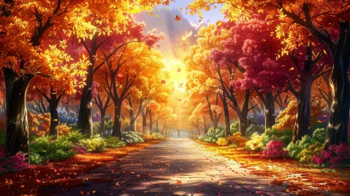 Tranquil Fall Landscape with Colorful Foliage and Sunlight