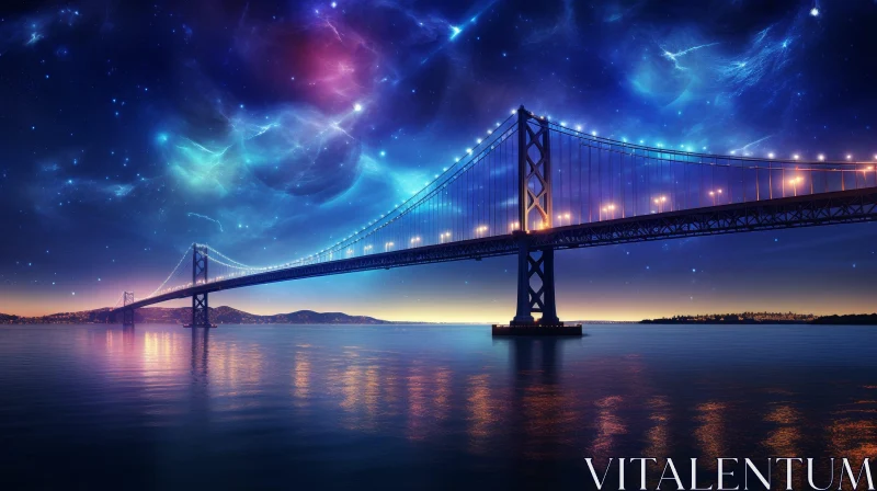 Tranquil Night Scene: Bridge Over Water with Stars AI Image