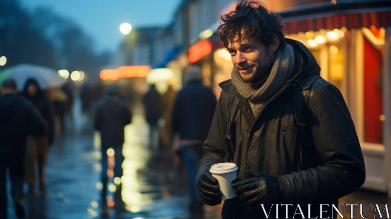 Urban Night Walk | Rainy City Street | Smiling Man with Coffee Cup AI Image