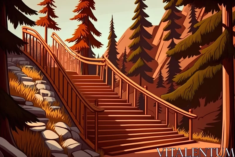 Whimsical Cartoon Staircase Leading to Majestic Mountains | Natural Charm AI Image