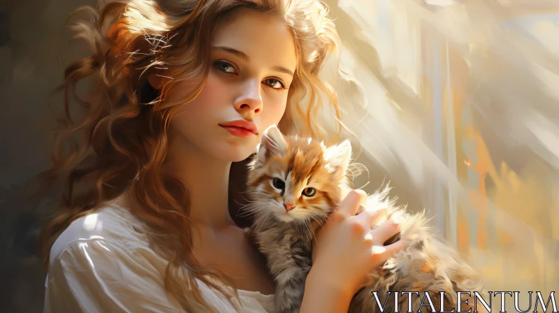 AI ART Young Woman with Kitten in Natural Light