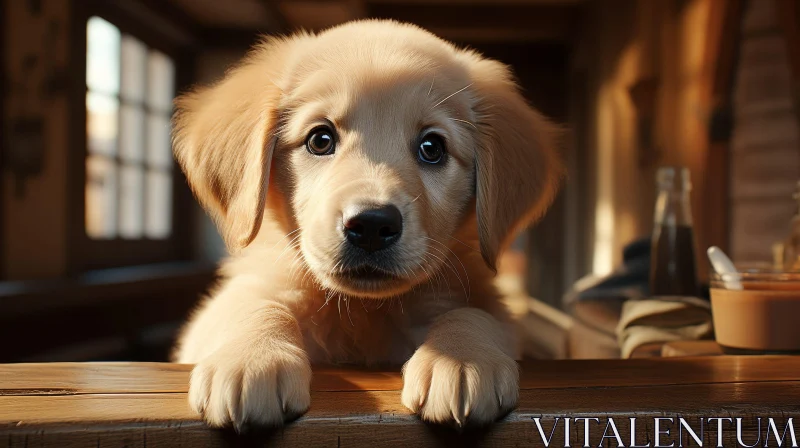 Adorable Golden Retriever Puppy on Wooden Table AI Image
