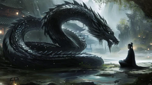 Dark Fantasy Illustration: Black Dragon and Human in Mysterious Forest