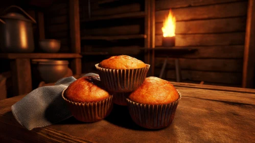 Delicious Muffins on Wooden Table