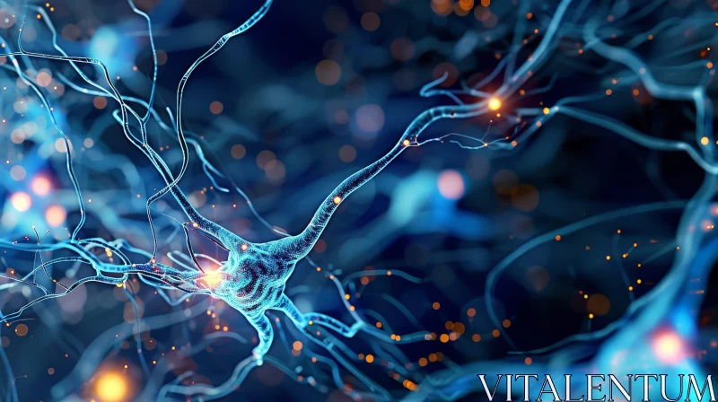 Detailed 3D Neuron Illustration in Blue and Orange AI Image