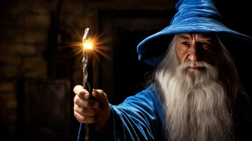 Enchanting Wizard in Blue Robe with Glowing Staff