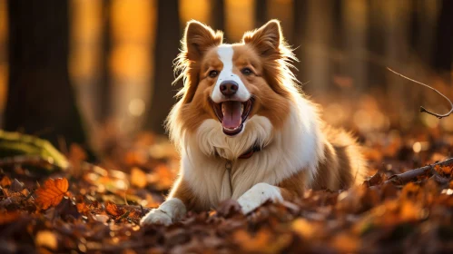 Happy Border Collie Dog in Woods with Fallen Leaves