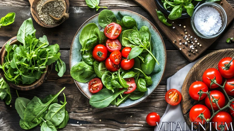 Rustic Wooden Table Salad with Tomatoes and Basil AI Image