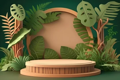 Serene Jungle Paper Stage with Wooden Elements | Minimalist Design