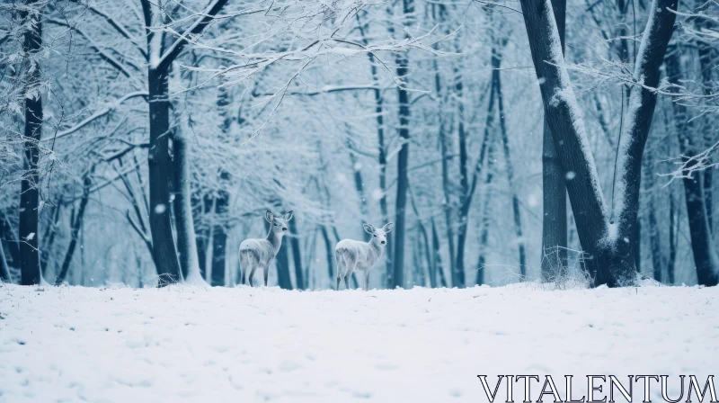 Tranquil Winter Scene with White Deer in Snowy Forest AI Image