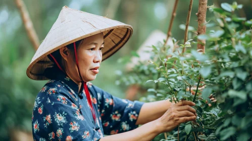 Vietnamese Woman in Rose Garden - Traditional Harvesting Scene