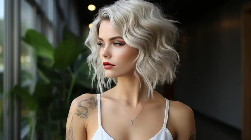 Young Woman with Short White Hair and Tattoo