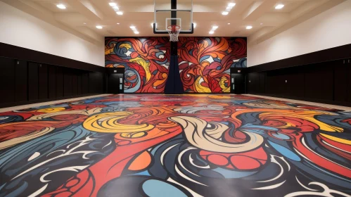 Colorful Psychedelic Mural in Basketball Court