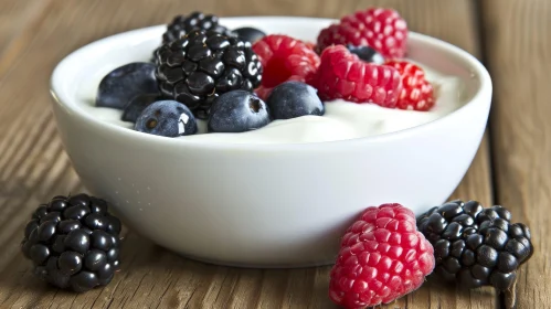 Delicious Yogurt Bowl with Fresh Berries on Wooden Table