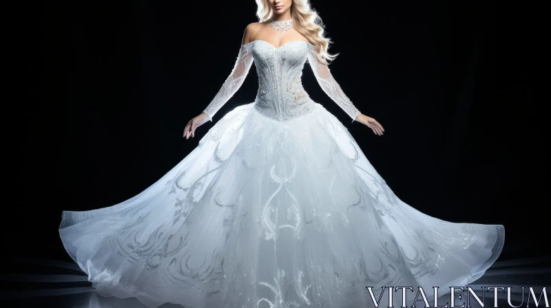 Elegant White Wedding Dress Model - Bridal Fashion Photo AI Image