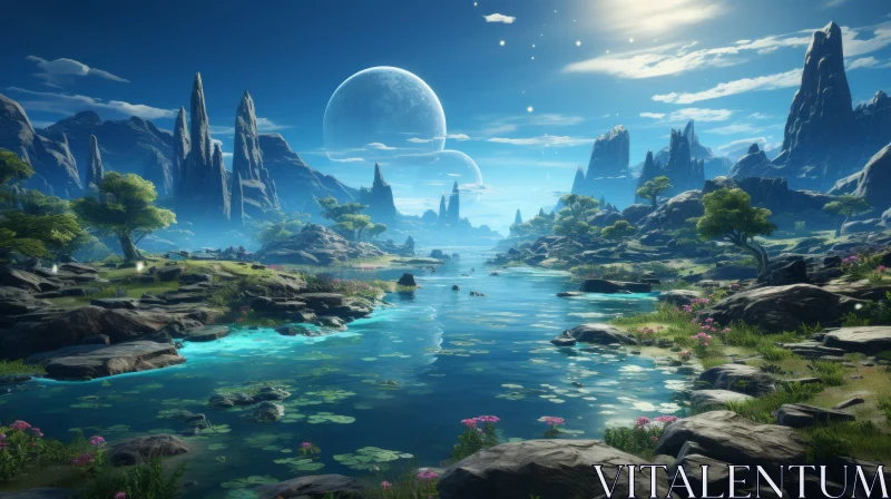 Enchanting Alien Planet Landscape with River and Moons AI Image