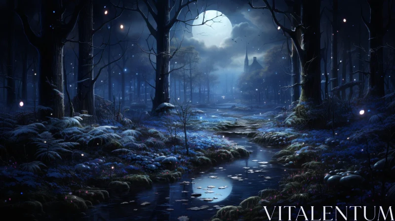 Enigmatic Forest Night Landscape with Moonlight and Glowing Mushrooms AI Image