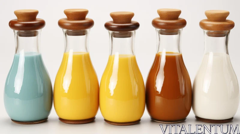 Glass Bottles with Wooden Caps on White Background AI Image