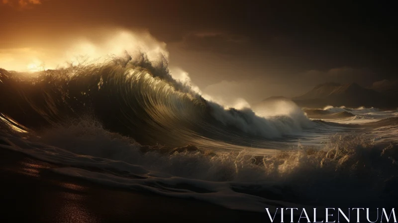 Golden Wave Crashing on Beach at Sunset AI Image