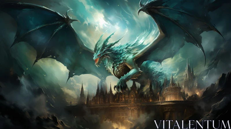 AI ART Green Dragon Flying Over Medieval City - Digital Fantasy Art