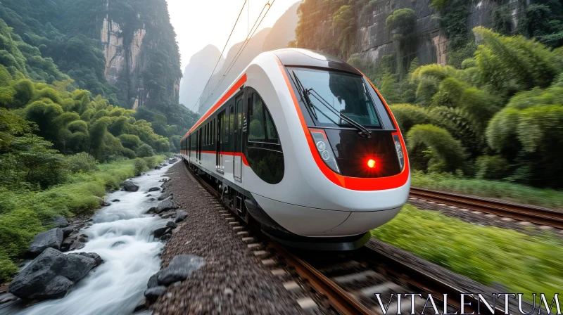 High-Speed Train in Scenic Valley AI Image