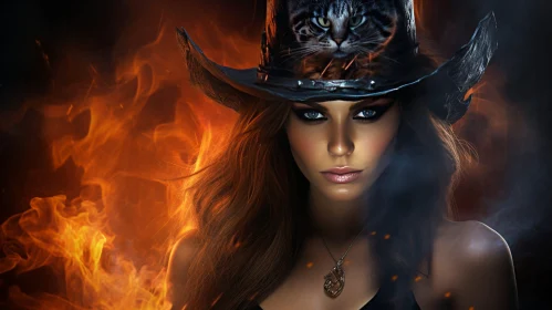 Intense Portrait of a Woman with Cat Cowboy Hat in Fiery Background