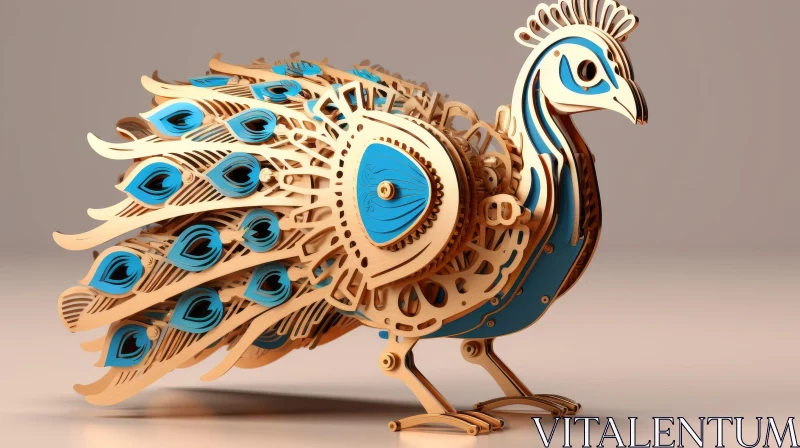 Mechanical Peacock 3D Rendering | Gold Blue Gears | Intricate Artwork AI Image