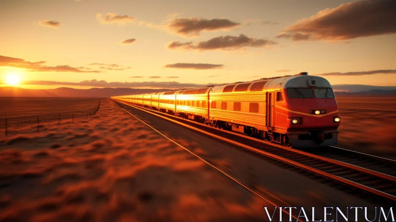 Red and White Train in Desert at Sunset AI Image