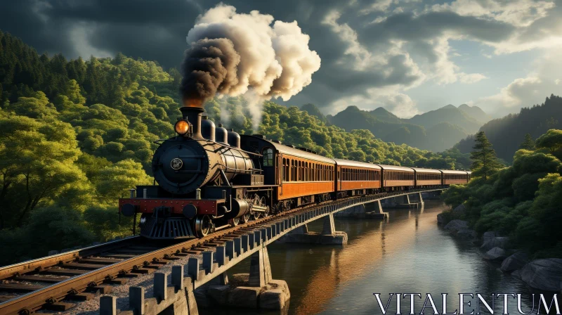 Scenic Steam Train Crossing Stone Bridge Landscape AI Image