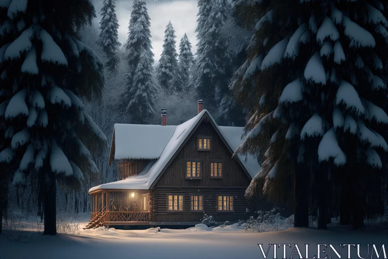 Snowy Forest Cabin at Night | Traditional Vray Rendering AI Image