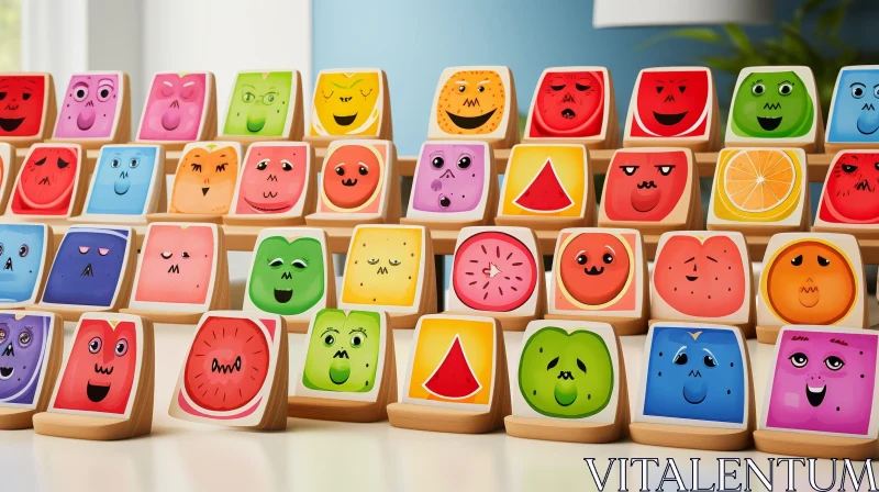 Whimsical Wooden Blocks with Fruit and Vegetable Illustrations AI Image