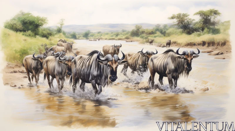 Wildebeest Herd Crossing River - Watercolor Painting AI Image
