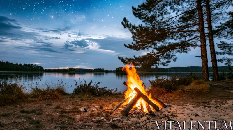 AI ART Bonfire by the Lake: A Serene Nature Scene