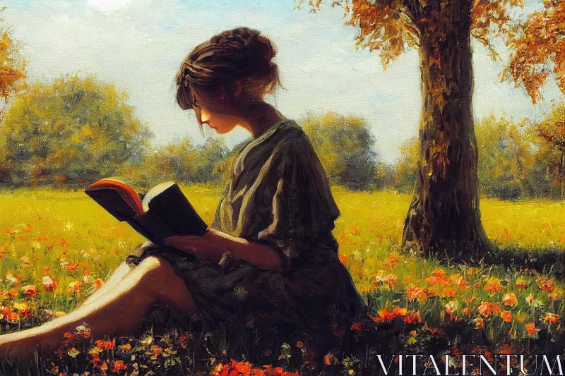 Captivating Painting of a Woman Reading a Book in a Field AI Image