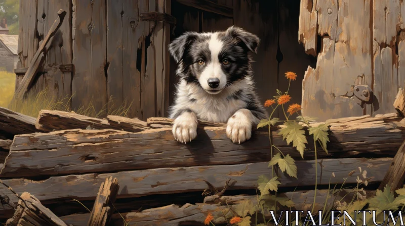 Charming Border Collie Puppy on Wooden Fence AI Image