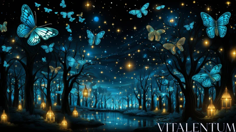 Enchanting Night Forest Scene with Butterflies and Stars AI Image