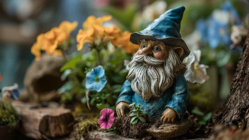 Friendly Garden Gnome Surrounded by Flowers