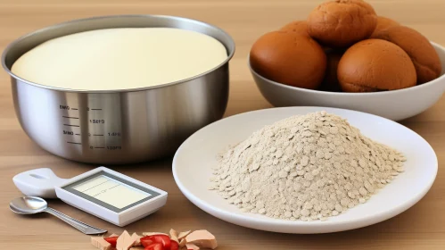 Kitchen Scene with Milk, Flour, and Bread Rolls