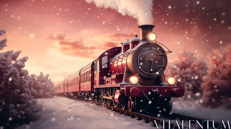 Red Steam Locomotive in Snowy Forest AI Image