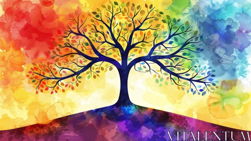Whimsical Tree Watercolor Painting | Colorful Nature Art AI Image
